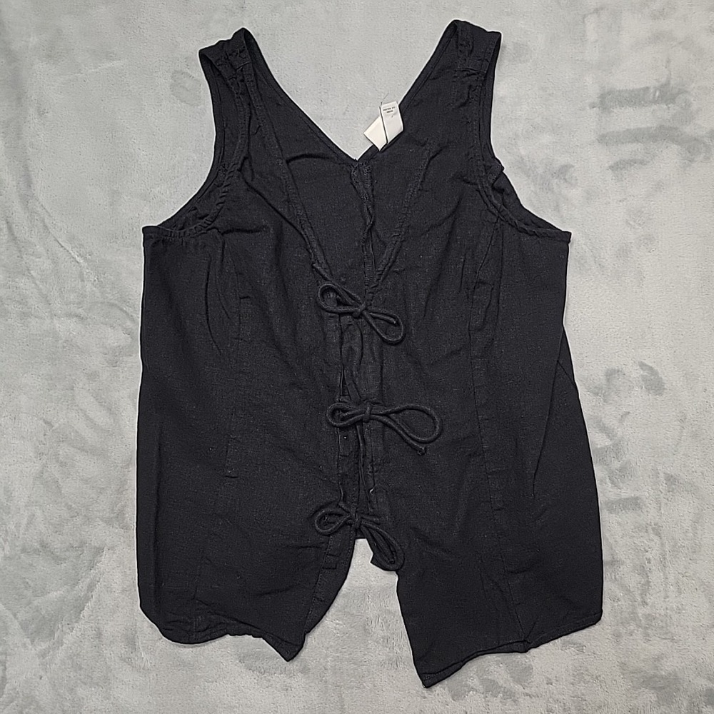 A New Day Vest Womens Medium Black Front Tie Linen Blend Sleeveless Boho Chic